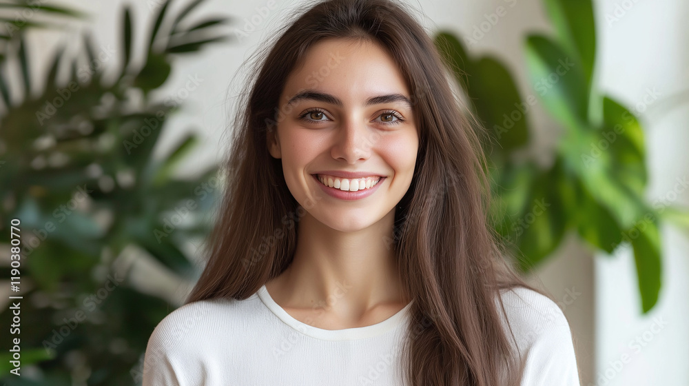 Young woman with natural smile among indoor plants. Perfect for workplace wellness, modern office culture, or healthy lifestyle Young woman with natural smile among indoor plants. Perfect for workplace wellness, modern office culture, or healthy lifestyle