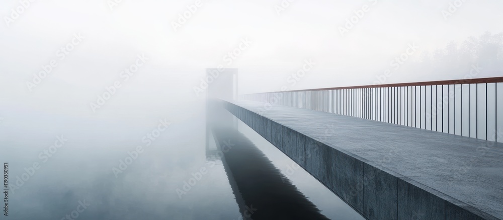Fototapeta premium Foggy bridge extending to a distant structure over still water.
