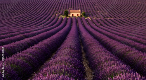 Lavender field in sunset showing endless rows and rural farmhouse surrounded by serene environment perfect for aromatic flower farming and agritourism landscape photography