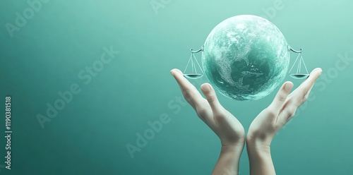 Global Justice: Serene Hands Cradle Earth, Balanced Scales