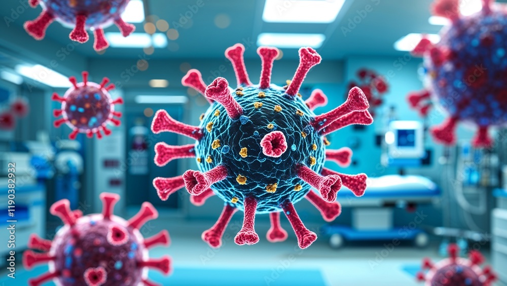 HMPV molecular closeup in 3d rendering with hospital setting for healthcare visuals and respiratory disease awareness HMPV molecular closeup in 3d rendering with hospital setting for healthcare visuals and respiratory disease awareness