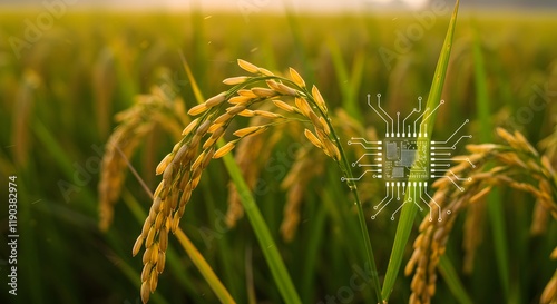 Golden ripe rice ear with microchip overlay showcasing advanced agriculture technology for efficient harvest and smart precision farming solution in sustainable food production and cultivation photo