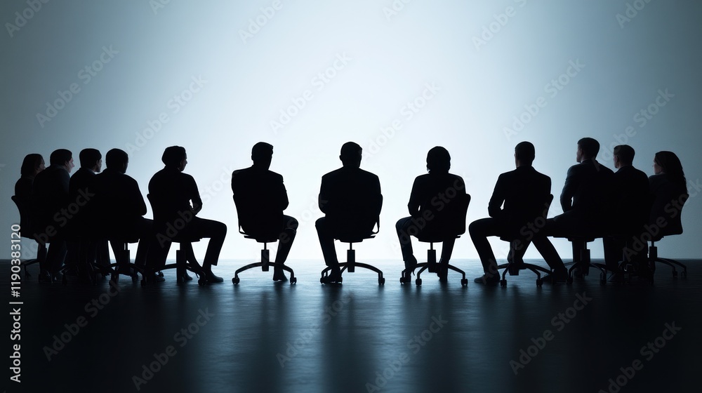 Silhouetted businesspeople seated in chairs facing a bright screen during a meeting or presentation. Silhouetted businesspeople seated in chairs facing a bright screen during a meeting or presentation.