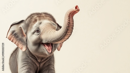 Cute funny elephant, smiling, showing an approving thumb up. plain color background photo