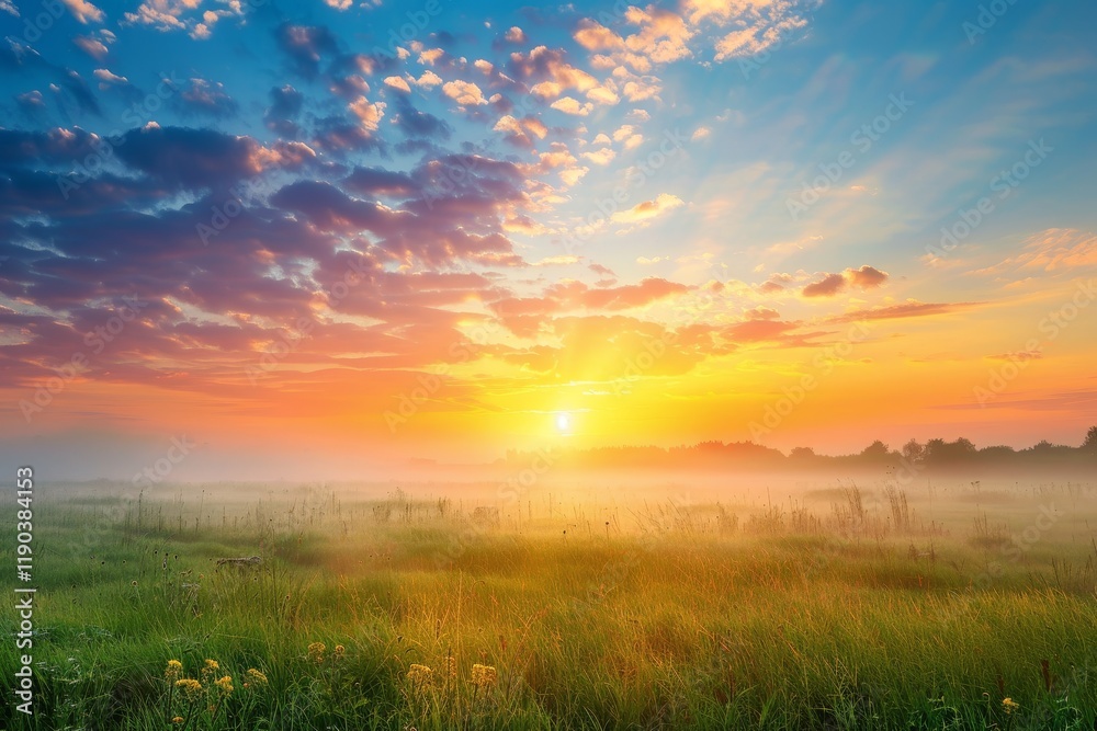 A beautiful sunrise paints the sky with vibrant colors, casting a warm glow over a misty meadow, A serene landscape with a colorful sunrise A beautiful sunrise paints the sky with vibrant colors, casting a warm glow over a misty meadow, A serene landscape with a colorful sunrise