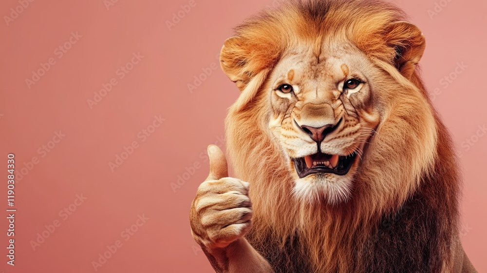Fototapeta premium Cute funny lion, smiling, showing an approving thumb up. plain color background
