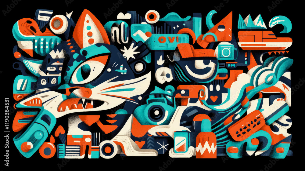 Naklejka premium Abstract feline amidst vibrant shapes and objects illustration