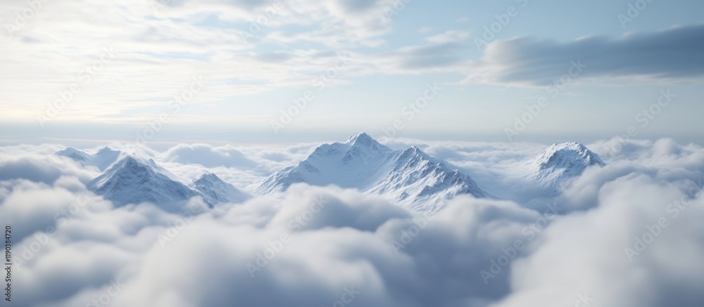 Snow-capped mountains peak above a sea of clouds under a bright sky. Snow-capped mountains peak above a sea of clouds under a bright sky.