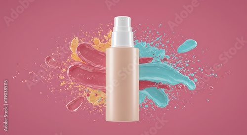 Premium Cosmetic Product on Vibrant Splash Background with Smooth Textures and Sleek Packaging photo