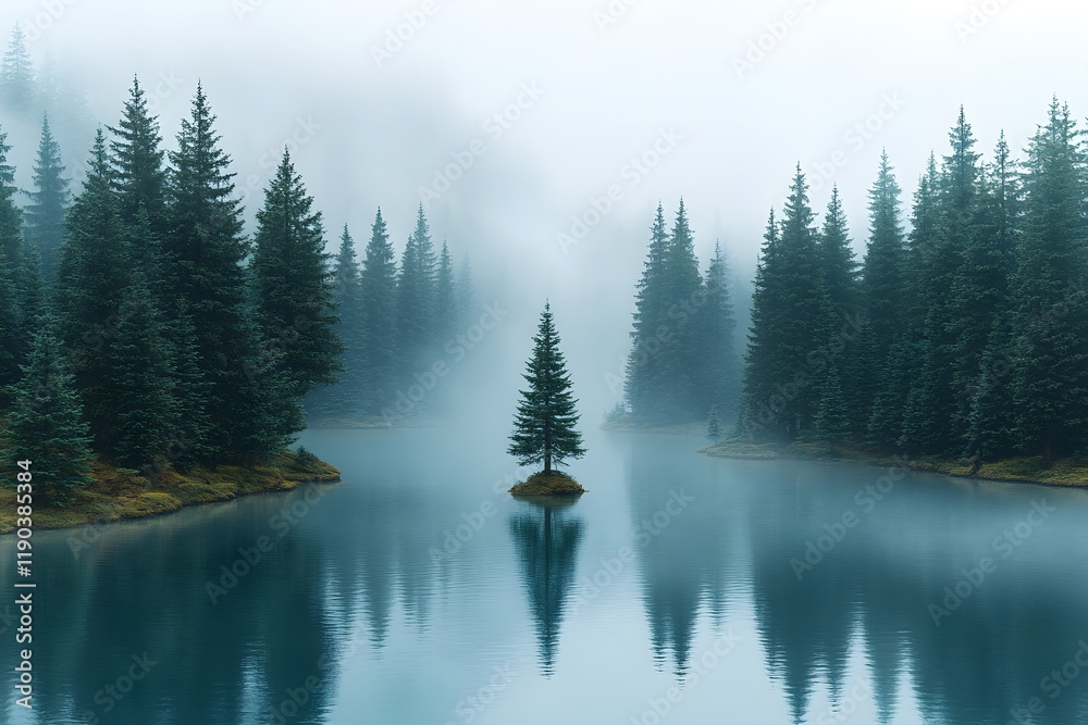 Tranquil Misty Lake Surrounded by Evergreen Forest in Serene Mountain Landscape Tranquil Misty Lake Surrounded by Evergreen Forest in Serene Mountain Landscape