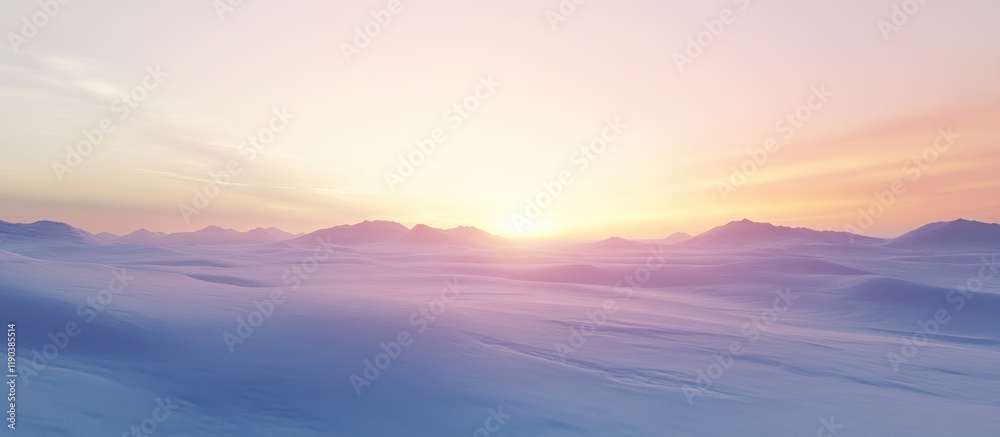 Fototapeta premium Serene sunset over a misty, snow-covered mountain range.