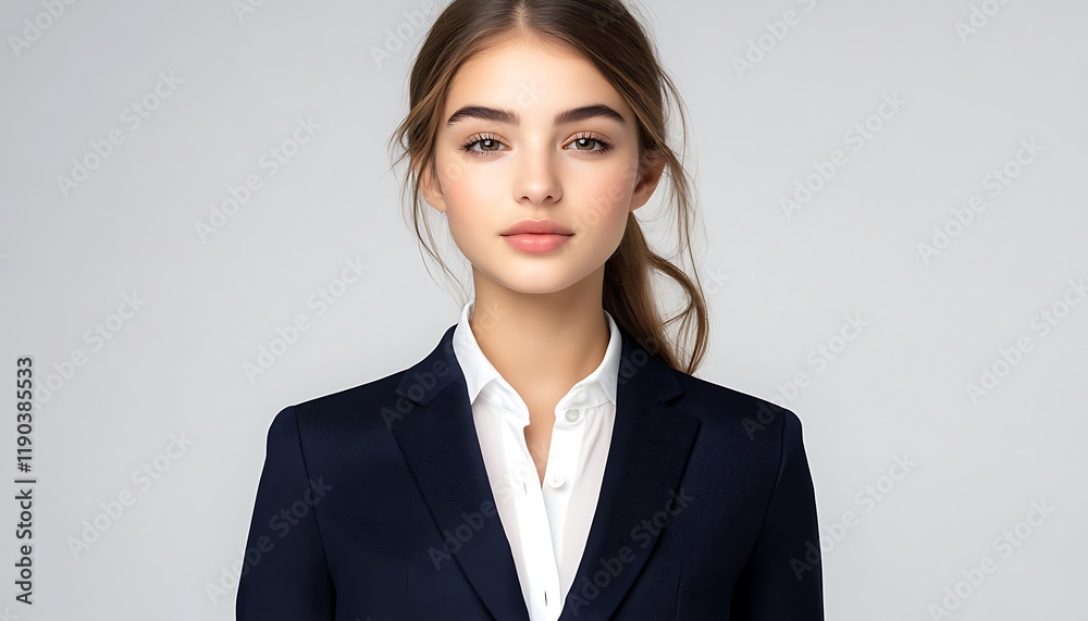 Elegant young woman in a fitted navy business suit, isolated on a blank background, Elegant young woman in a fitted navy business suit, isolated on a blank background,