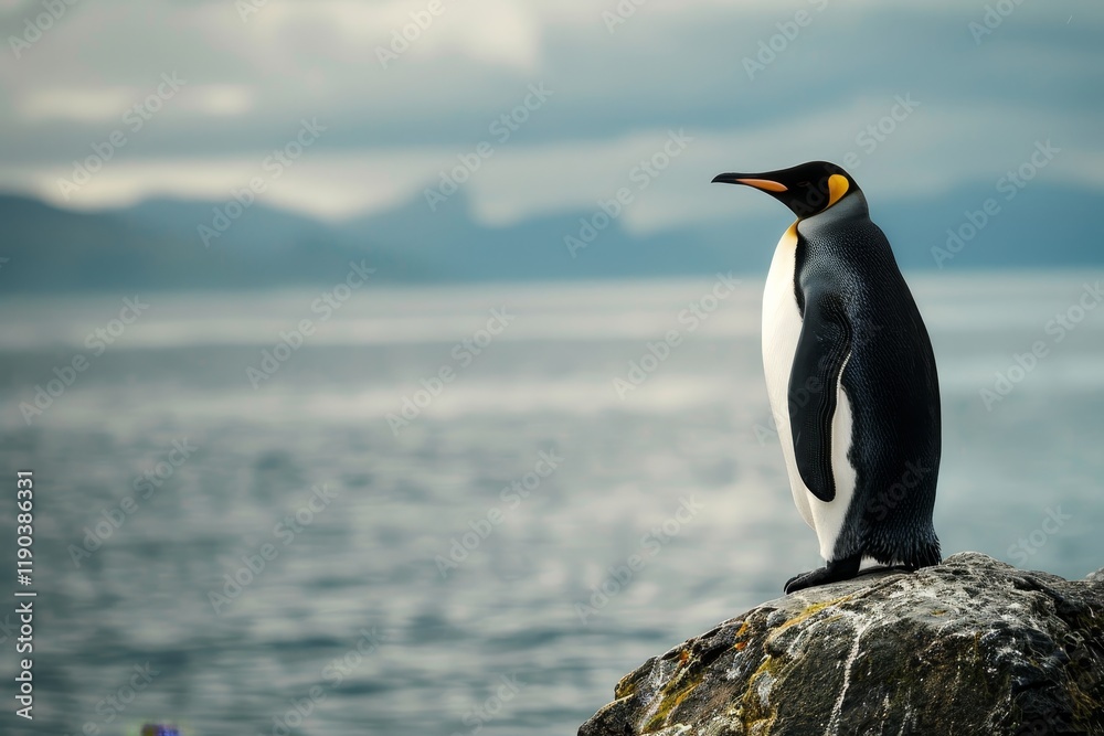 Fototapeta premium A King Penguin stands proudly on a rock overlooking the vast ocean, with mountains in the background, A penguin with a regal posture, looking out over the sea