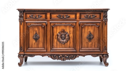 Antique wooden sideboard with intricate carvings and three drawers.