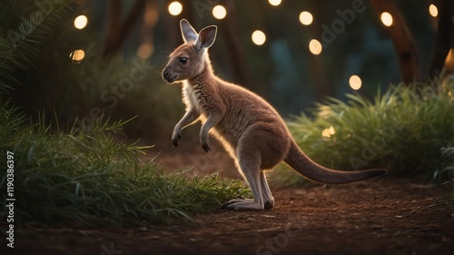 A kangaroo stands amidst soft lighting and lush greenery, creating a serene atmosphere. photo