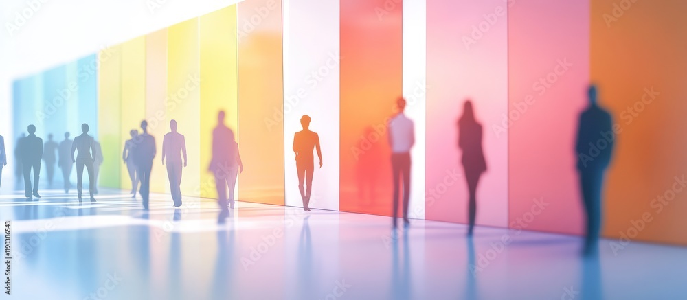 Fototapeta premium Silhouettes walking along a colorful wall.