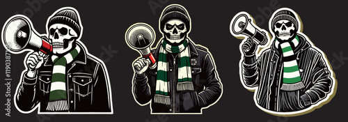 illustration 3 vector graphic of Skull Head Football fans ultras hooligan with green white scarf design for logo, t-shirt, etc
