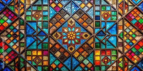 Abstract Geometric Stained Glass Window, Multicolor Tile Pattern, Urban Exploration Photography