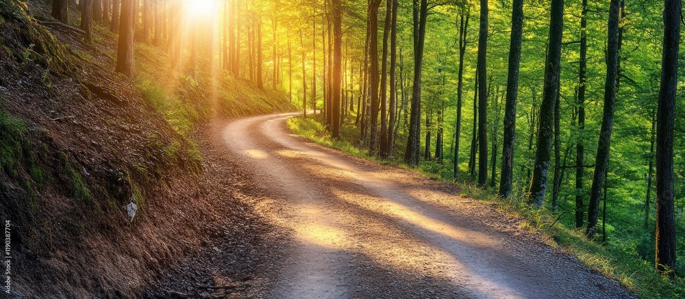 Fototapeta premium Sunlit forest path winding through lush green trees.