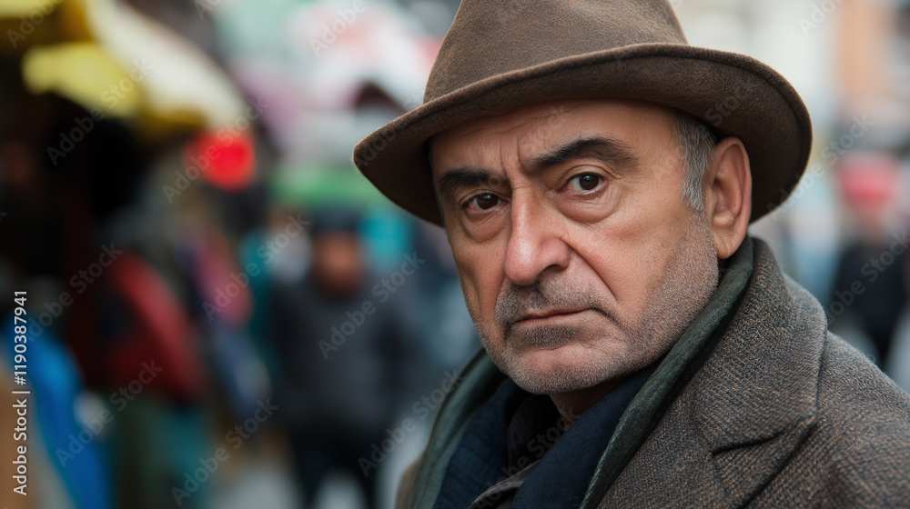 Serious senior man in hat and coat on city street. Ideal for mature lifestyle, urban sophistication, classic style or aging with dignity concepts. Serious senior man in hat and coat on city street. Ideal for mature lifestyle, urban sophistication, classic style or aging with dignity concepts.