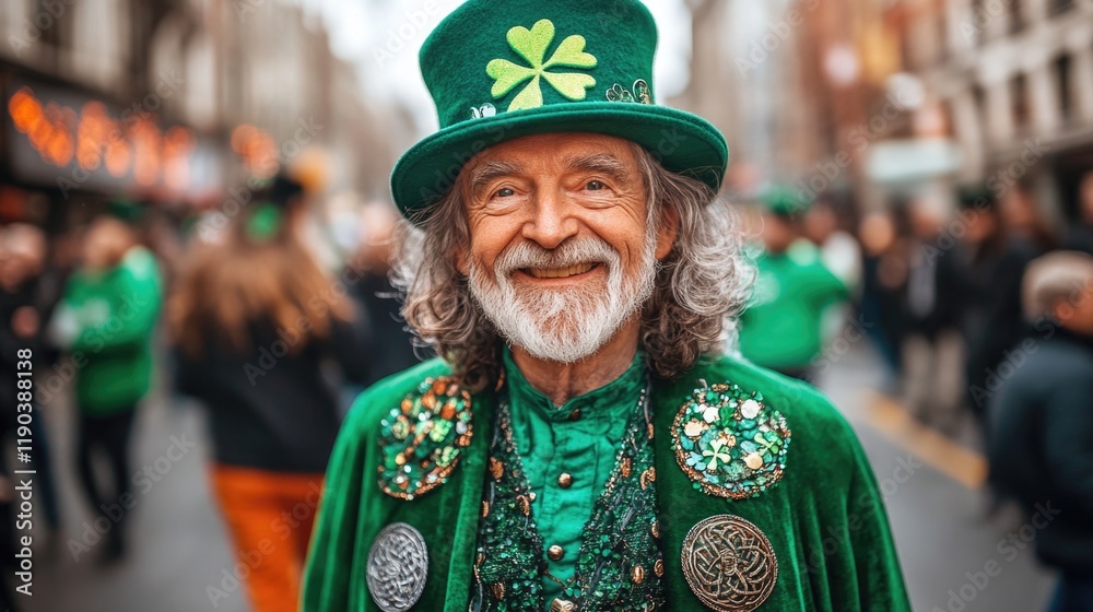Obraz premium Elderly caucasian man celebrates st. patrick's day in green attire with shamrock hat. Saint Patrick's Day, St Paddy's Day, St Patty's Day - Irish National Holiday and Cultural Celebration
