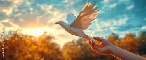 Paper dove taking flight from a hand at sunset.