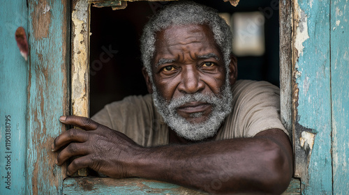 Elderly African American man in rustic window frame. Illustrates wisdom and life experience stories. photo