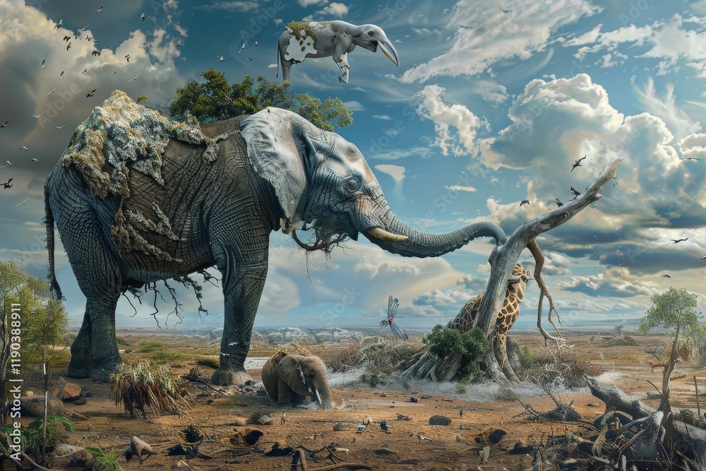 Fototapeta premium Surreal Elephant Saving Animals in a Dry, Brown Landscape Under a Cloudy Sky, A surreal interpretation of animals being saved from extinction through conservation efforts
