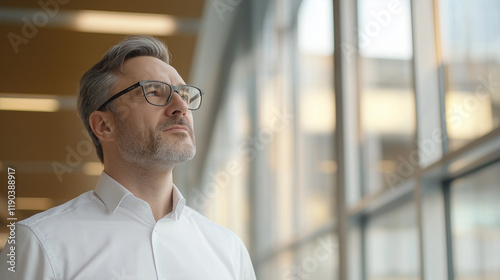 Contemplative middle-aged man by office window in natural light. Perfect for professional development, workplace wellness, or career transition themes.
