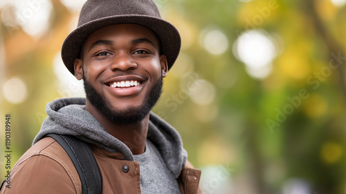 Happy African American man in hat and casual wear outdoors. Perfect for urban lifestyle, authentic portraits, or modern fashion marketing.