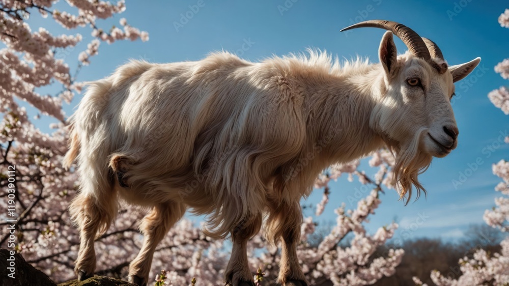 A goat standing amidst blooming cherry blossoms under a clear blue sky. A goat standing amidst blooming cherry blossoms under a clear blue sky.