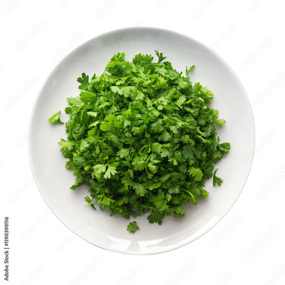 Fresh green lettuce leaves on white plate isolated on transparent background Fresh green lettuce leaves on white plate isolated on transparent background