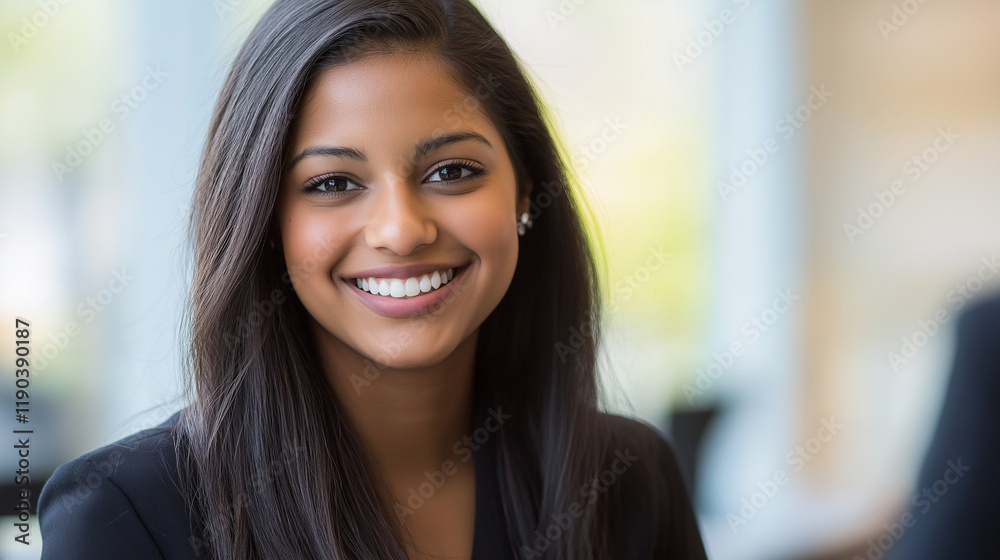 Smiling young South Asian woman in professional setting. Great for workplace diversity, modern leadership, or corporate success stories. Smiling young South Asian woman in professional setting. Great for workplace diversity, modern leadership, or corporate success stories.
