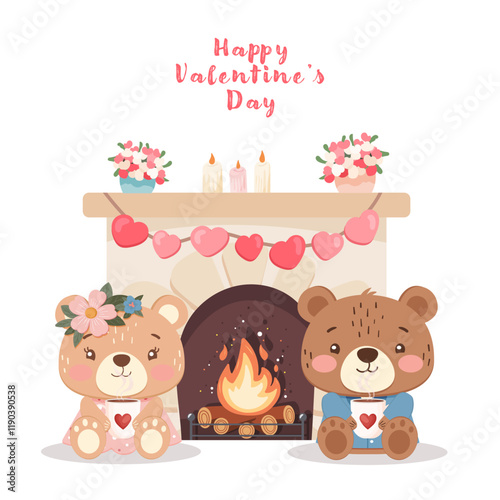 Two bears sitting by a lit fireplace, holding cups with hearts. The mantelpiece is decorated with flowers, candles, and a garland of hearts. Vector illustration for Valentine’s Day designs, greeting c