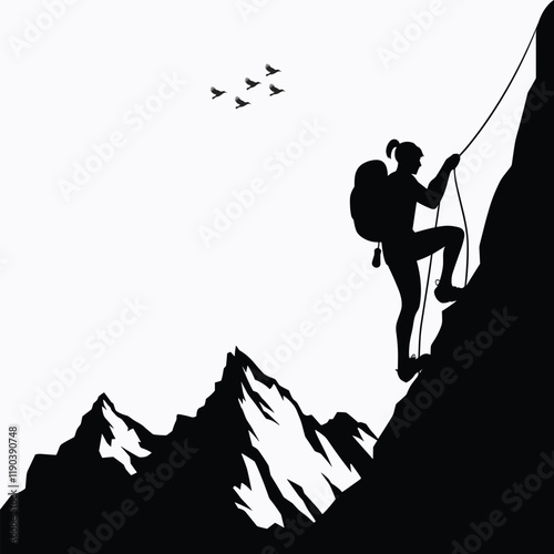 Mountain climber, rock climber silhouette person vector illustration