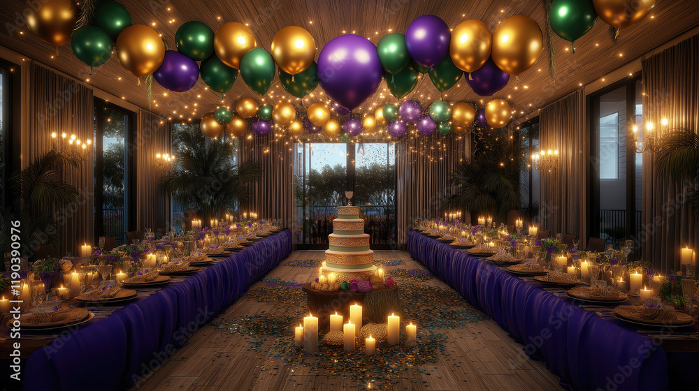 Fototapeta premium Elegant birthday celebration in lavish banquet hall with colorful balloons and candlelit ambiance. Mardi Gras, Fat Tuesday, Carnival Season. Bright Parades, Masks, Festive Costumes, Vibrant Atmosphere