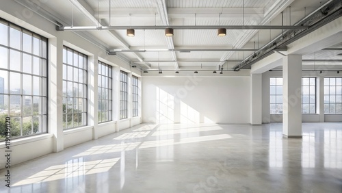 Spacious industrial loft with expansive windows and polished concrete floor  ideal for modern office or studio space