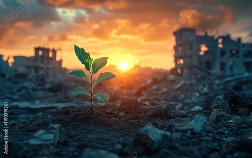 Small plant emerging from wartorn ruins photo