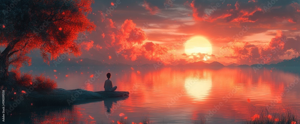 Person meditating by lake at sunset, red sky, falling petals. Person meditating by lake at sunset, red sky, falling petals.