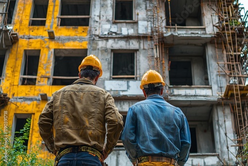 Structural engineer and foreman worker with touch pad discuss, plan working for the outdoors building construction site, contractor concept photo