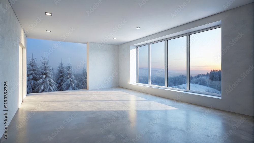 Fototapeta premium Empty room with large windows showcasing a winter landscape