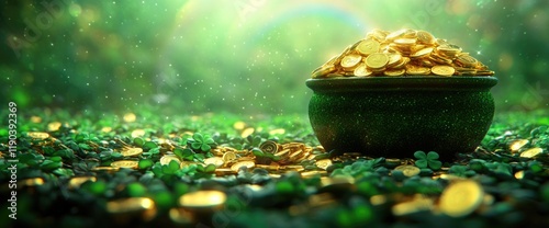 Pot of gold surrounded by clovers in a lush green field with sparkling light effects. Saint Patrick's Day, St Paddy's Day, St Patty's Day - Irish National Holiday and Cultural Celebration photo