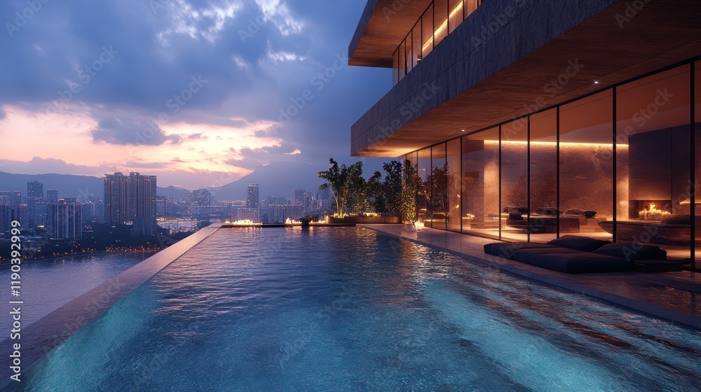 Obraz premium Luxury Penthouse Infinity Pool with City Skyline View at Sunset