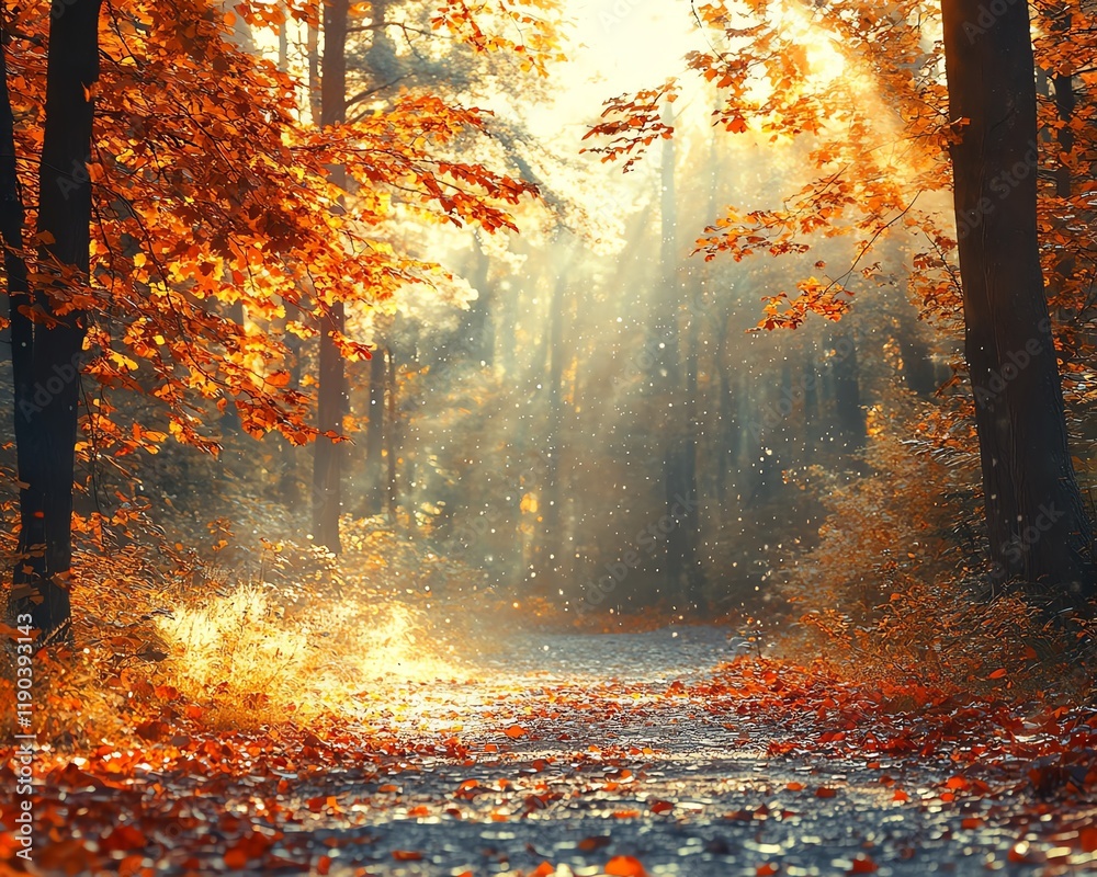 Fototapeta premium Mystical autumn forest with small mushrooms growing on the damp moss