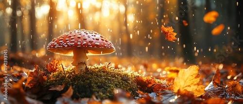 Magical fall forest with mushrooms peeking from the mossy floor, scattered leaves, soft raindrops falling, gentle golden autumn sunlight casting a serene and enchanting ambiance photo