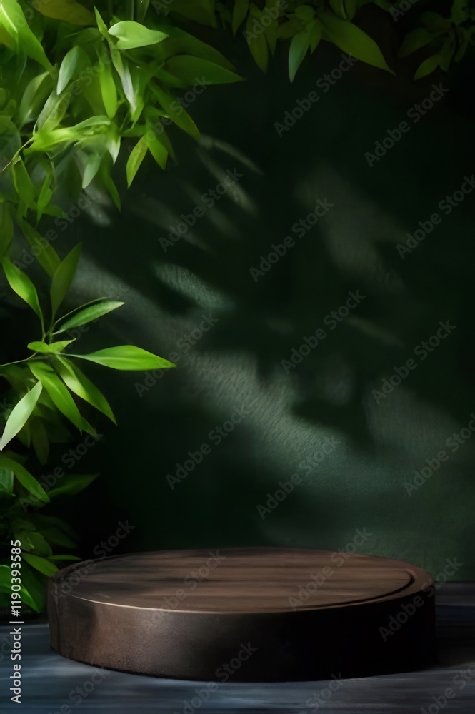 Dark wooden platform with green leaves and shadow. Dark wooden platform with green leaves and shadow.