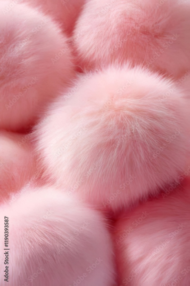 Close-up of many soft pink fluffy pom-poms. Close-up of many soft pink fluffy pom-poms.