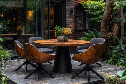 High-quality outdoor dining table with four chairs in industrial style, featuring a round wooden top, dark wood legs, and X-shaped backrests in a garden setting. photo