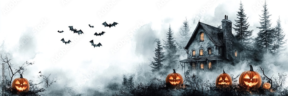 Haunted House, Jack-o'-lanterns, Bats: Spooky Halloween Night in Foggy Forest Haunted House, Jack-o'-lanterns, Bats: Spooky Halloween Night in Foggy Forest
