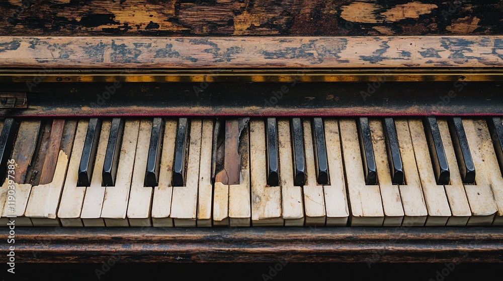 Close-up of an old, damaged piano keyboard with broken keys and weathered wood. Close-up of an old, damaged piano keyboard with broken keys and weathered wood.